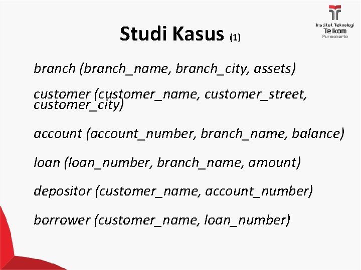 Studi Kasus (1) branch (branch_name, branch_city, assets) customer (customer_name, customer_street, customer_city) account (account_number, branch_name,