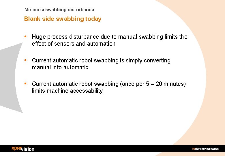 Minimize swabbing disturbance Blank side swabbing today • Huge process disturbance due to manual