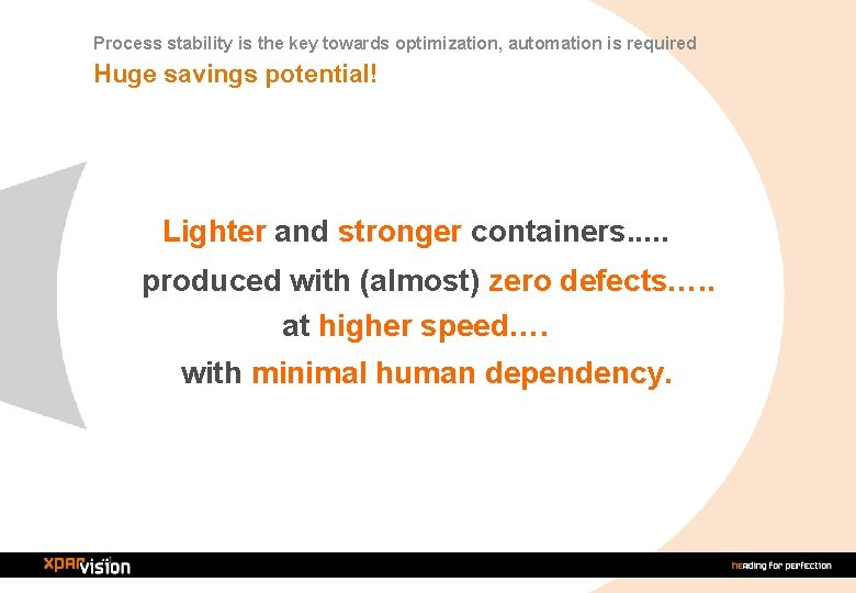 Process stability is the key towards optimization, automation is required Huge savings potential! Lighter