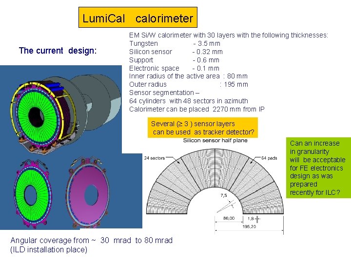 Lumi. Cal calorimeter The current design: EM Si/W calorimeter with 30 layers with the