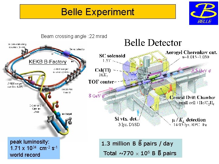 Belle Experiment Beam crossing angle : 22 mrad 1. 3 million B B pairs