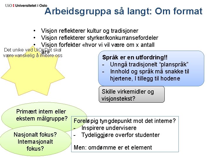 Arbeidsgruppa så langt: Om format • Visjon reflekterer kultur og tradisjoner • Visjon reflekterer