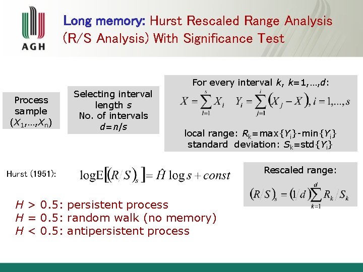 Long memory: Hurst Rescaled Range Analysis (R/S Analysis) With Significance Test For every interval