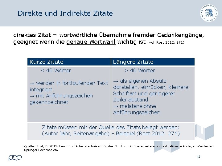 Direkte und Indirekte Zitate direktes Zitat = wortwörtliche Übernahme fremder Gedankengänge, geeignet wenn die