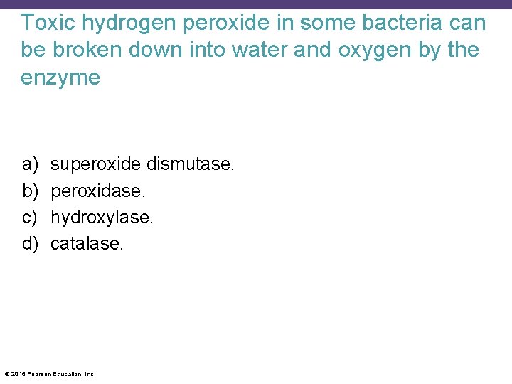 Toxic hydrogen peroxide in some bacteria can be broken down into water and oxygen
