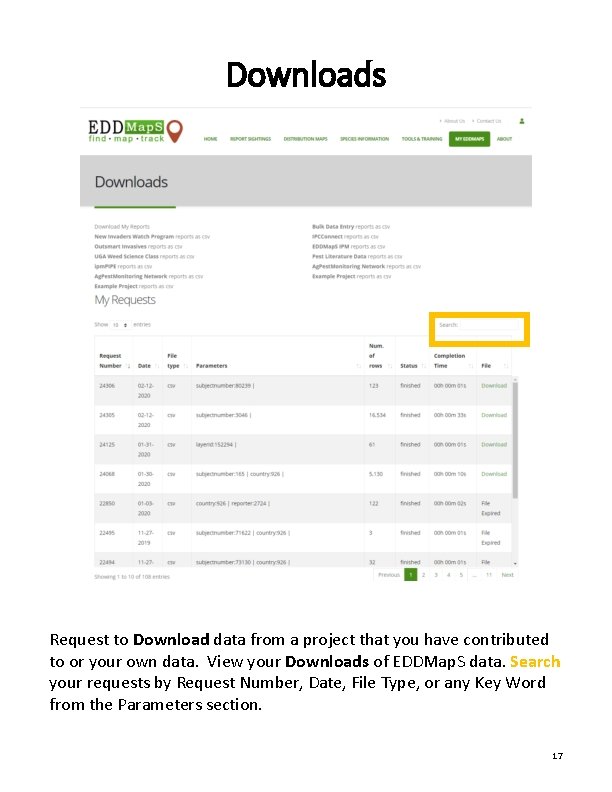 Downloads Request to Download data from a project that you have contributed to or