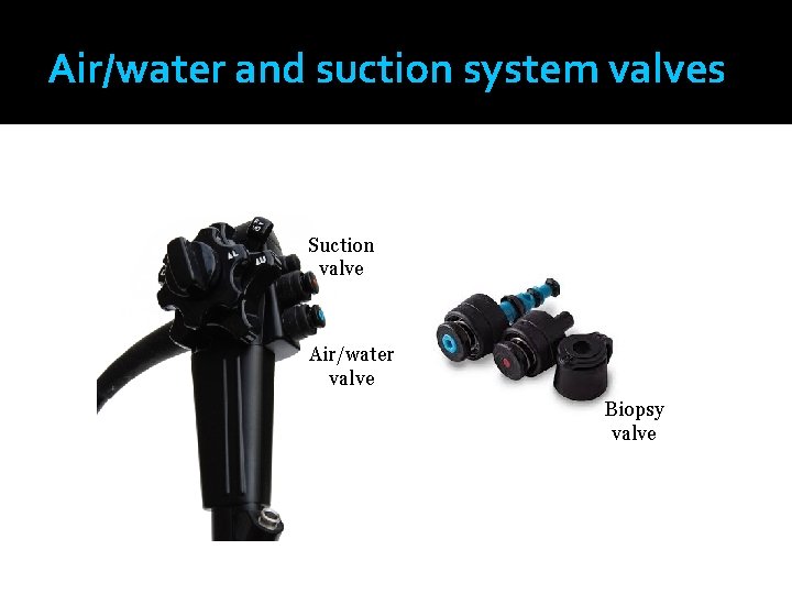 Air/water and suction system valves Suction valve Air/water valve Biopsy valve 