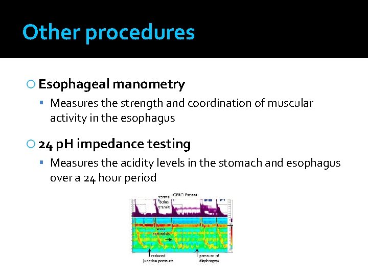 Other procedures Esophageal manometry Measures the strength and coordination of muscular activity in the