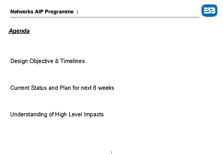 Networks AIP Programme : Agenda Design Objective & Timelines Current Status and Plan for