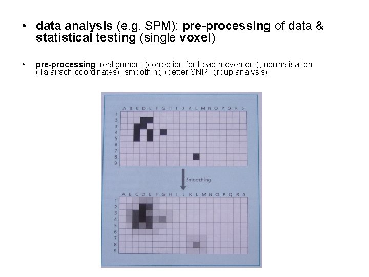  • data analysis (e. g. SPM): pre-processing of data & statistical testing (single