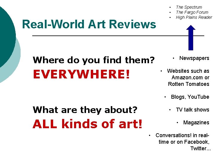 Real-World Art Reviews Where do you find them? EVERYWHERE! • • • The Spectrum
