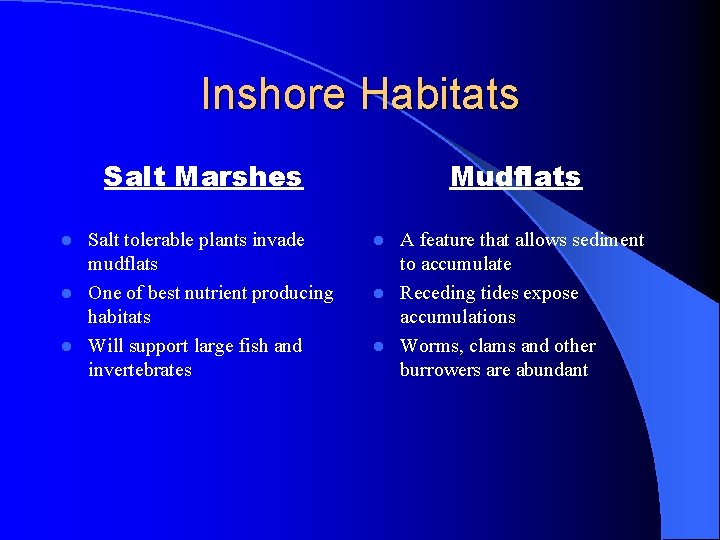 Inshore Habitats Salt Marshes Salt tolerable plants invade mudflats l One of best nutrient