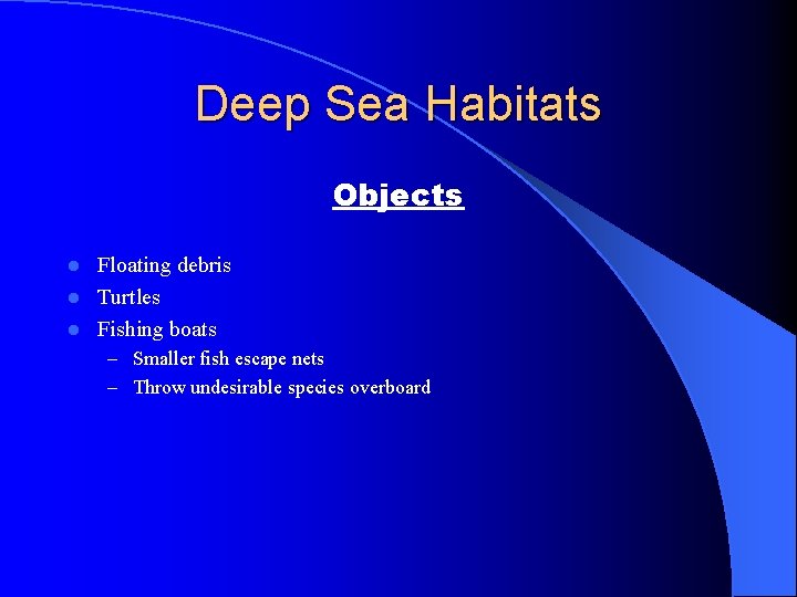 Deep Sea Habitats Objects Floating debris l Turtles l Fishing boats l – Smaller
