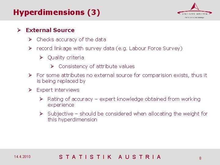 Hyperdimensions (3) External Source Checks accuracy of the data record linkage with survey data