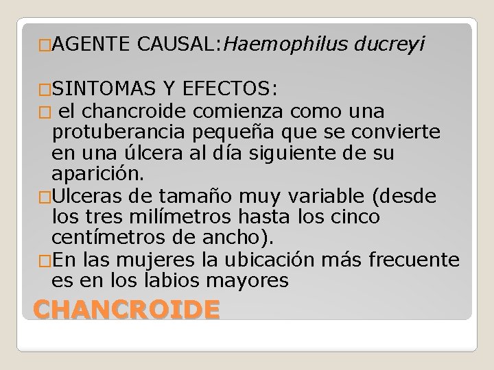 �AGENTE CAUSAL: Haemophilus ducreyi �SINTOMAS Y EFECTOS: � el chancroide comienza como una protuberancia