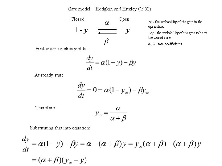 Gate model – Hodgkin and Huxley (1952) Closed 1 -y a b First order