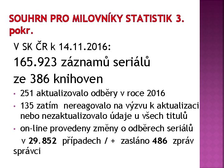 SOUHRN PRO MILOVNÍKY STATISTIK 3. pokr. V SK ČR k 14. 11. 2016: 165.