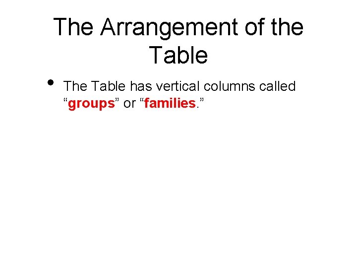 The Arrangement of the Table • The Table has vertical columns called “groups” or
