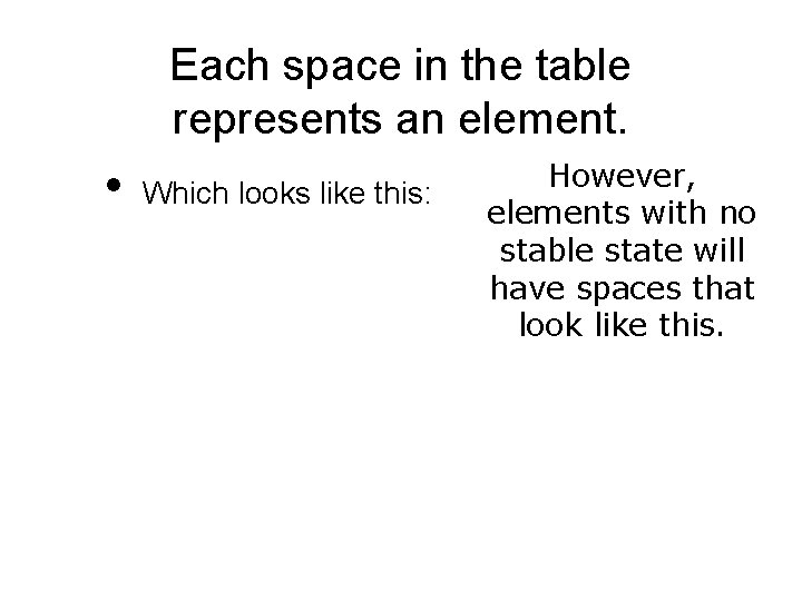 Each space in the table represents an element. • Which looks like this: However,