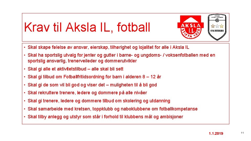 Krav til Aksla IL, fotball • Skal skape følelse av ansvar, eierskap, tilhørighet og