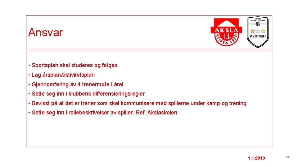 Ansvar • Sportsplan skal studeres og følges • Lag årsplan/aktivitetsplan • Gjennomføring av 4