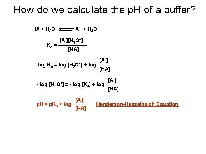 How do we calculate the p. H of a buffer? HA + H 2