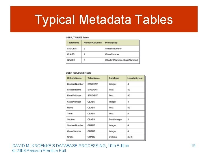 Typical Metadata Tables DAVID M. KROENKE’S DATABASE PROCESSING, 10 th Edition © 2006 Pearson