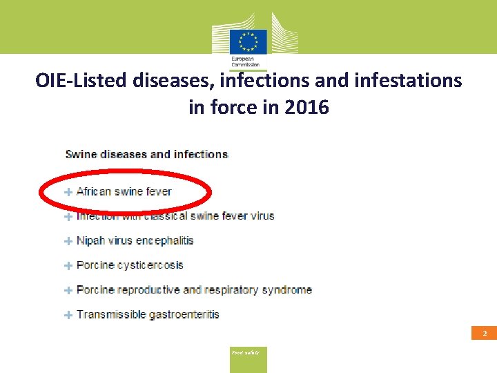 OIE-Listed diseases, infections and infestations in force in 2016 2 Food safety 