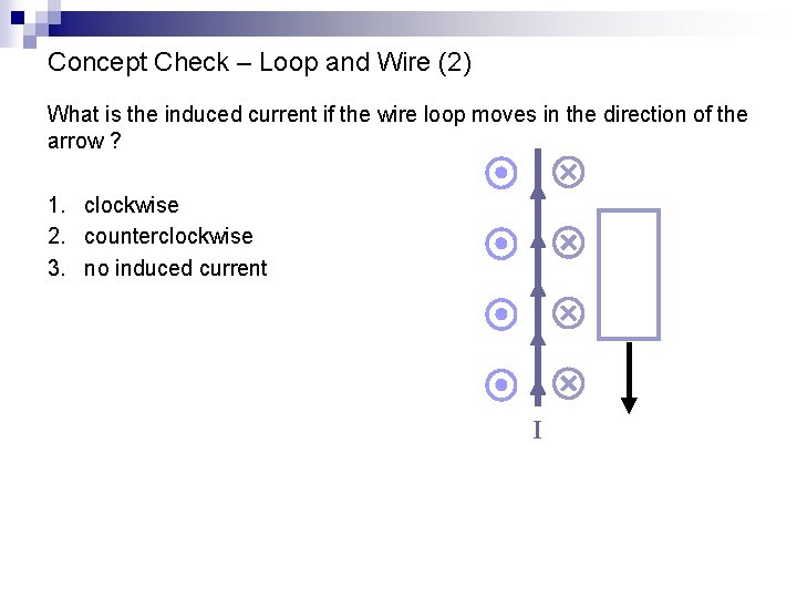 Concept Check – Loop and Wire (2) What is the induced current if the