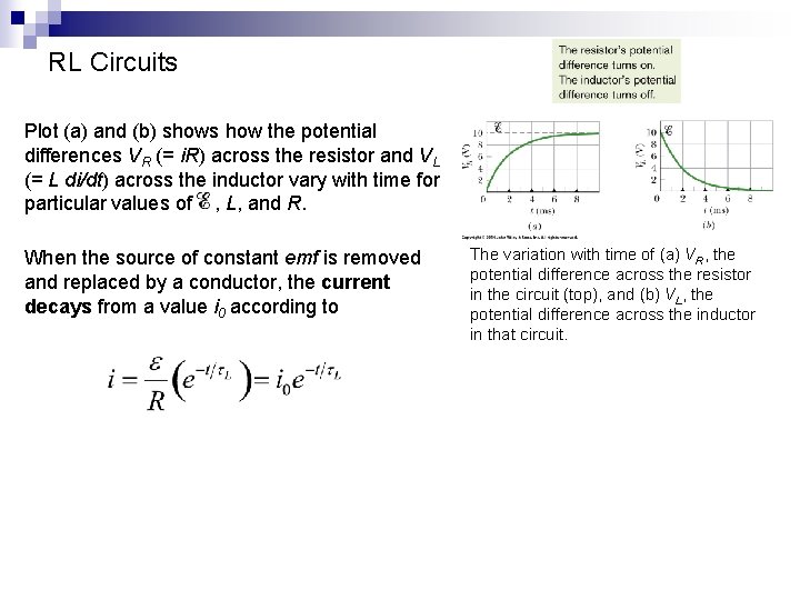 RL Circuits Plot (a) and (b) shows how the potential differences VR (= i.