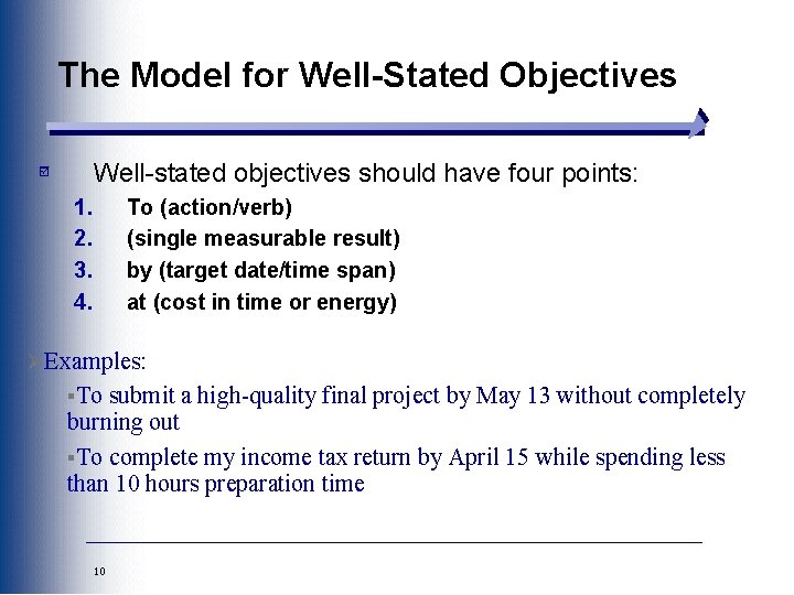 The Model for Well-Stated Objectives Well-stated objectives should have four points: 1. 2. 3.