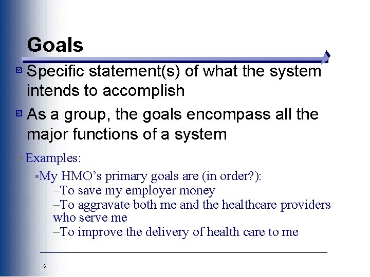 Goals Specific statement(s) of what the system intends to accomplish As a group, the