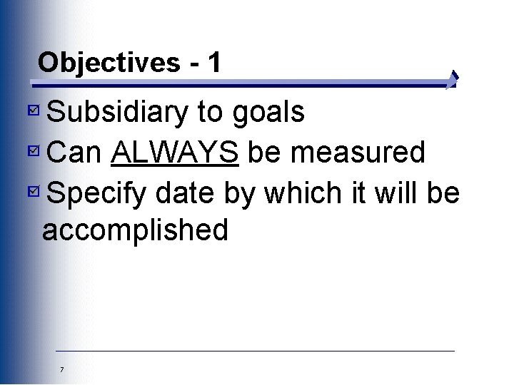 Objectives - 1 Subsidiary to goals Can ALWAYS be measured Specify date by which