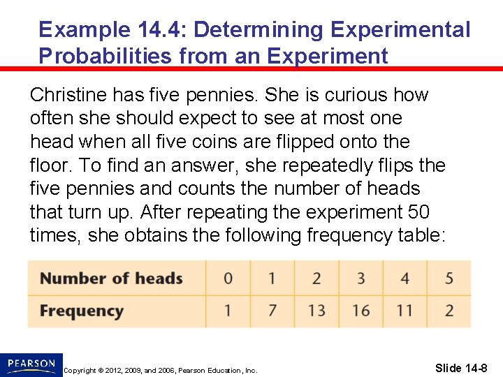 Example 14. 4: Determining Experimental Probabilities from an Experiment Christine has five pennies. She