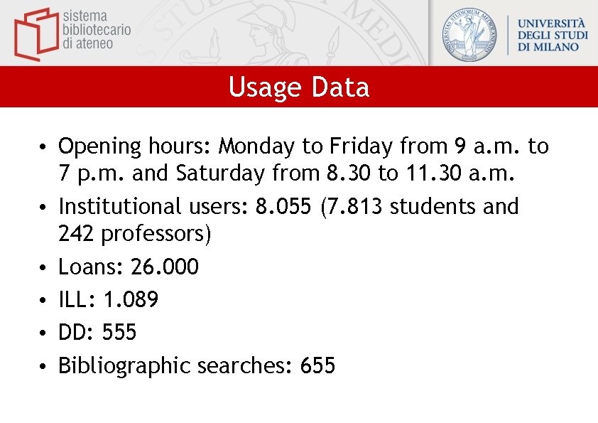 Usage Data • Opening hours: Monday to Friday from 9 a. m. to 7