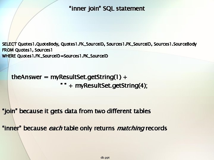 “inner join” SQL statement SELECT Quotes 1. Quote. Body, Quotes 1. FK_Source. ID, Sources