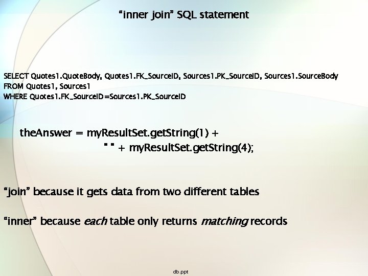 “inner join” SQL statement SELECT Quotes 1. Quote. Body, Quotes 1. FK_Source. ID, Sources “inner join” SQL statement SELECT Quotes 1. Quote. Body, Quotes 1. FK_Source. ID, Sources