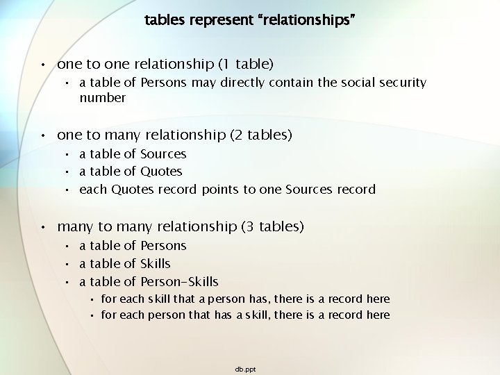 tables represent “relationships” • one to one relationship (1 table) • a table of tables represent “relationships” • one to one relationship (1 table) • a table of