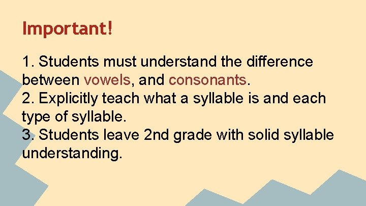 Important! 1. Students must understand the difference between vowels, and consonants. 2. Explicitly teach