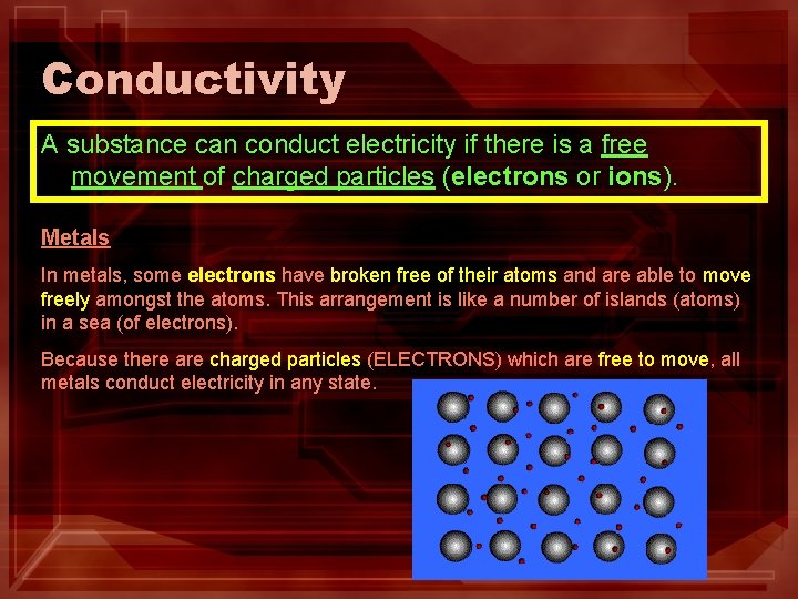 Conductivity A substance can conduct electricity if there is a free movement of charged