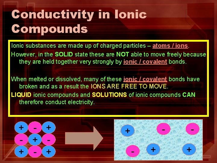 Conductivity in Ionic Compounds Ionic substances are made up of charged particles – atoms