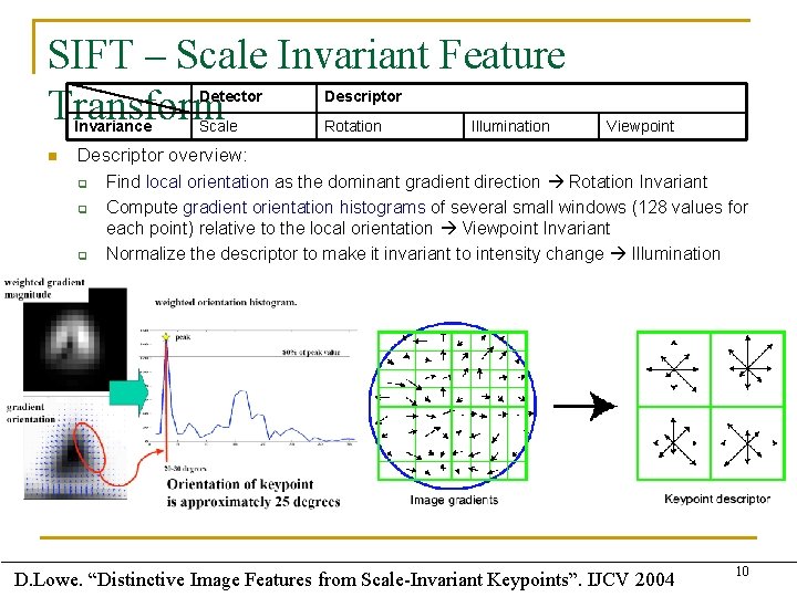 SIFT – Scale Invariant Feature Transform Invariance n Detector Descriptor Scale Rotation Illumination Viewpoint