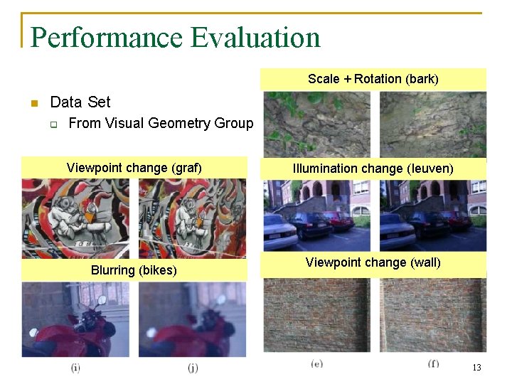 Performance Evaluation Scale + Rotation (bark) n Data Set q From Visual Geometry Group