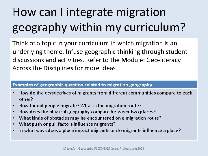 How can I integrate migration geography within my curriculum? Think of a topic in