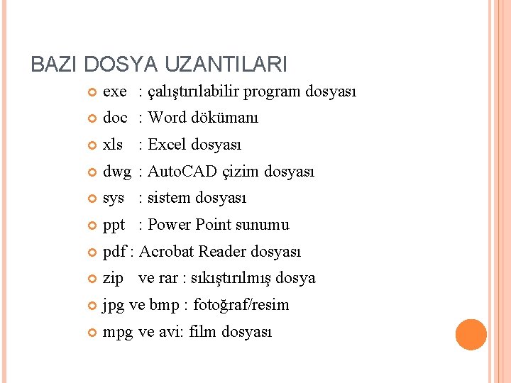 BAZI DOSYA UZANTILARI exe : çalıştırılabilir program dosyası doc : Word dökümanı xls :