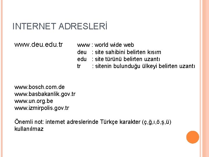 INTERNET ADRESLERİ www. deu. edu. tr www : world wide web deu : site