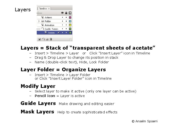 Layers = Stack of “transparent sheets of acetate” – Insert > Timeline > Layer