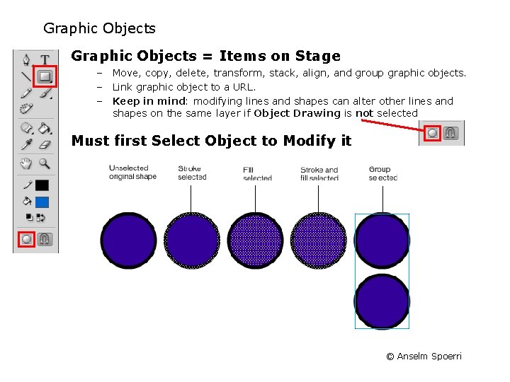 Graphic Objects = Items on Stage – Move, copy, delete, transform, stack, align, and