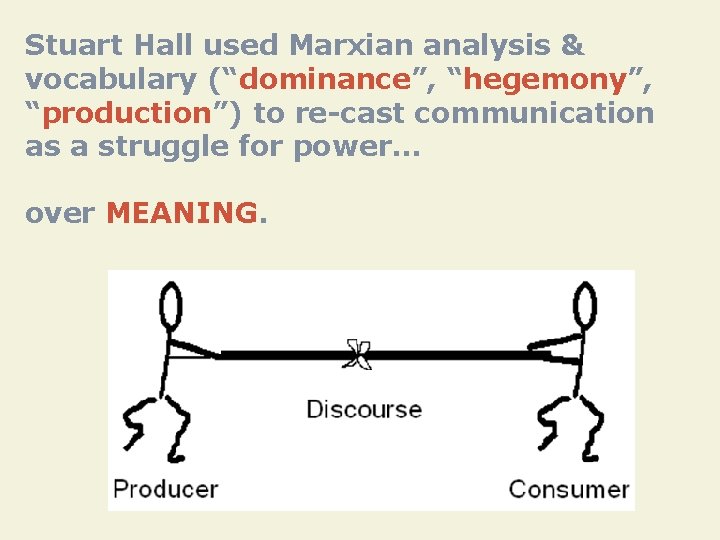Stuart Hall used Marxian analysis & vocabulary (“dominance”, “hegemony”, “production”) to re-cast communication as
