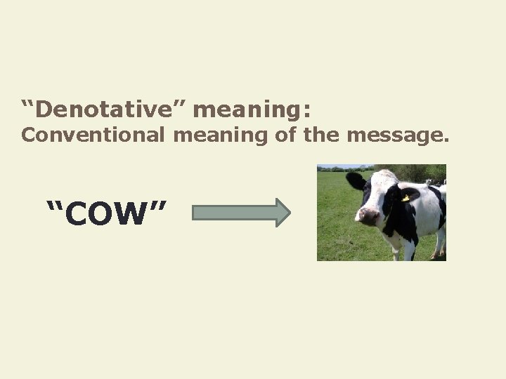 “Denotative” meaning: Conventional meaning of the message. “COW” 